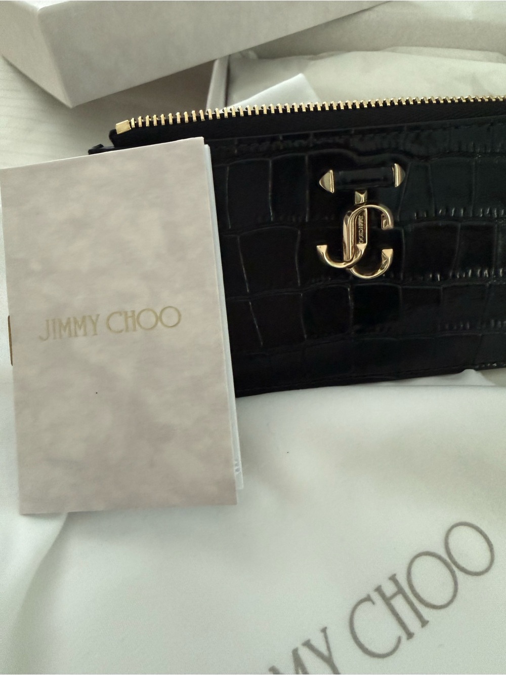 Jimmy Choo Black Croc-Embossed Leather Zip Card Case with Gold JC Logo - Picture 4 of 13